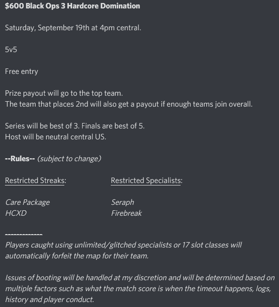 $600 BO3 Tournament September 19th at 4pm central. 5 teams have joined so far. DM me to sign up! @xDohqo <a href="/Vixseyy/">Vixsey</a> <a href="/krossify/">༒</a> <a href="/nytrous_/">nytro</a> <a href="/xoDamnYou/">Jacob</a> <a href="/Callofdutyhc/">HC COMMUNITY OF CALL OF DUTY</a>