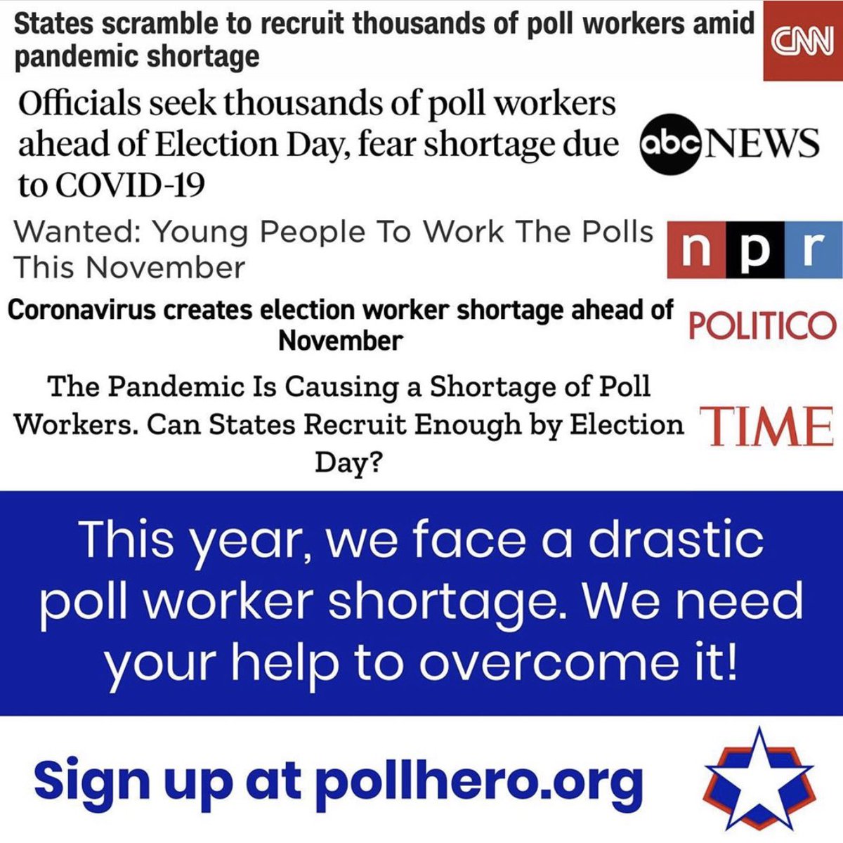 pollheroproject's tweet photo. Everyone’s talking about it - one of the biggest threats facing the election is the poll worker shortage. We need your help to overcome it, so sign up at https://t.co/f0XRNG6VMH! https://t.co/Lmz8AonSIL