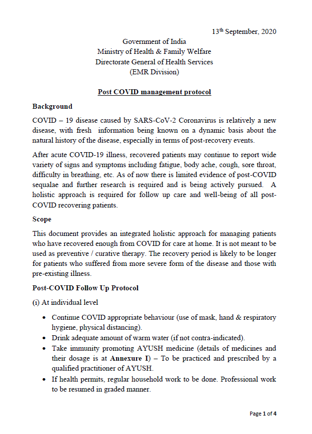 ANI's tweet photo. Union Health Ministry issues 'post COVID-19 management protocol'; use of Chyawanprash, Yogasana, Pranayama and walks among suggestions. https://t.co/aNLzi6P3hw