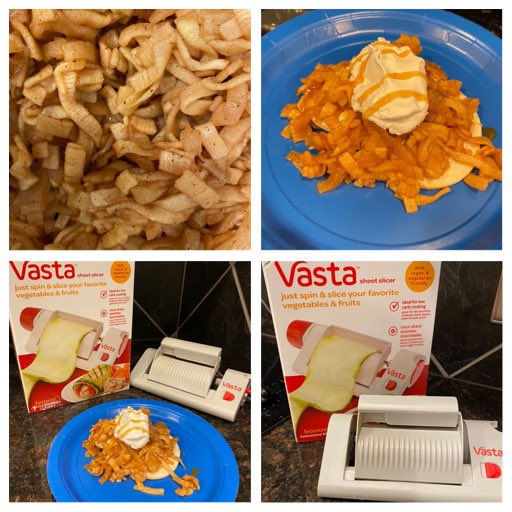 jennaraeclark's tweet photo. I tried out the @vastasheetslicer thanks to at @tryazon and my neighbors came over to try my creations! Cinnamon sugar apples (sliced fettuccine style!) with little pie wafers and ice cream. They got to try out the slicer...it’s awesome! #vasta #tryazon https://t.co/KiSucShnZy