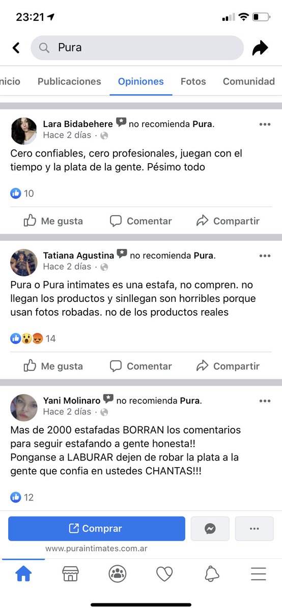 pura3st4fa's tweet photo. Pura Intimates se queda con tu dinero, te bloquea, borra comentarios, no se hace cargo de los reclamos, no envía los productos en tiempo y forma. Adjunto capturas de comentarios que luego serán borrados por ellas mismas. No compren! #puraintimates #puraintimatesestafa https://t.co/AqiofMTmhn