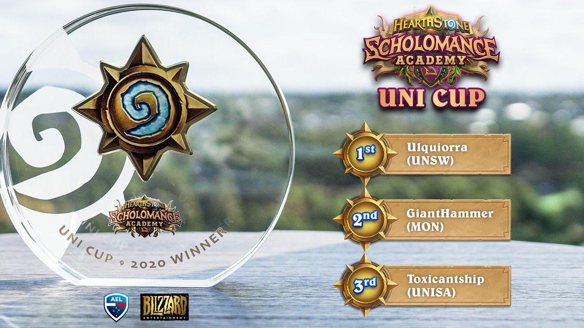 Congratulations to the winners of the Hearthstone #ScholomanceAcademy Uni Cup!

1st Ulquiorra from <a href="/UNSW/">UNSW</a>
2nd GiantHammer from <a href="/MonashUni/">Monash University</a> 
3rd Toxicantship from <a href="/UniversitySA/">UniSA</a> 

<a href="/Blizzard_ANZ/">Blizzard ANZ</a>
<a href="/BlizzEsportsANZ/">Blizzard Esports ANZ</a>
<a href="/PlayHearthstone/">Hearthstone</a>