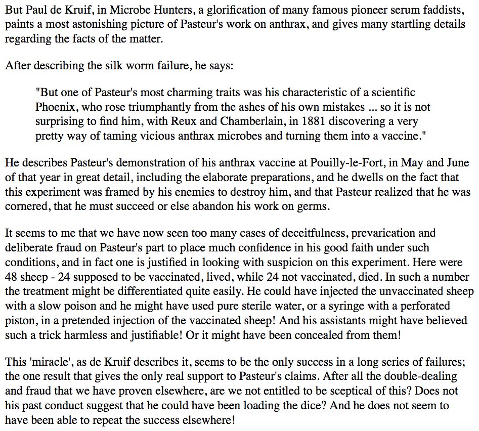 200) “It seems to me that we have now seen too many cases of deceitfulness, prevarication and deliberate fraud on Pasteur's part to place much confidence in his good faith under such conditions, and in fact one is justified in looking with suspicion on this experiment.”