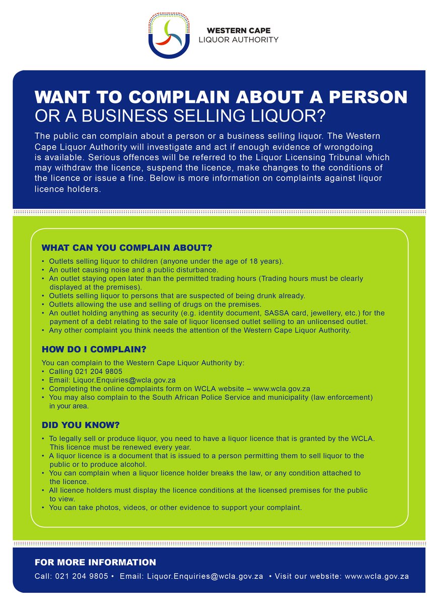 _WCLA's tweet image. How to go about filing a complaint against a liquor licence holder. 

Click the link to view the video: youtu.be/aW5IefQkbPQ

The general public can raise complaints against the Liquor Licence Holder, trading irresponsibly and against the law.

#WCLA 
#FilingComplaint