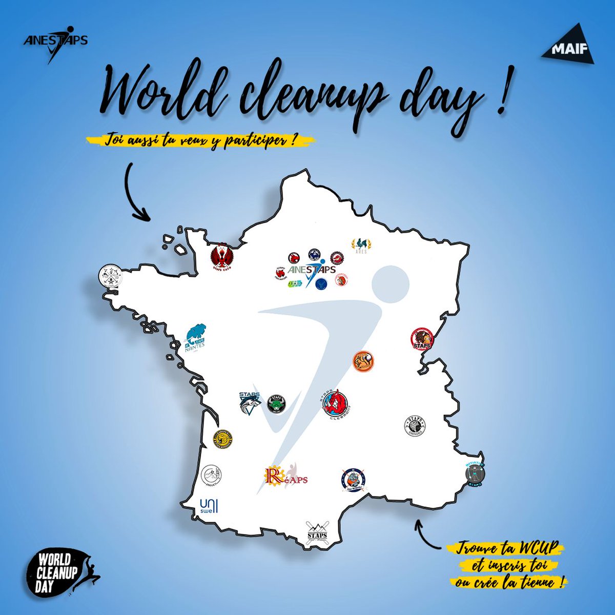 ANESTAPS's tweet photo. Le 19 Septembre, l'ANESTAPS et ses association te donnent rdv pour la @WCUDFrance ! ♻️

Les associations #STAPS se mobilisent pour nettoyer leur planète aux côtés de notre partenaire la @MAIF 💪

Pour + d'infos, rapproche toi de ton BDE ! 👉 https://t.co/A9wm0zMR5q https://t.co/CFvjvKYBPW