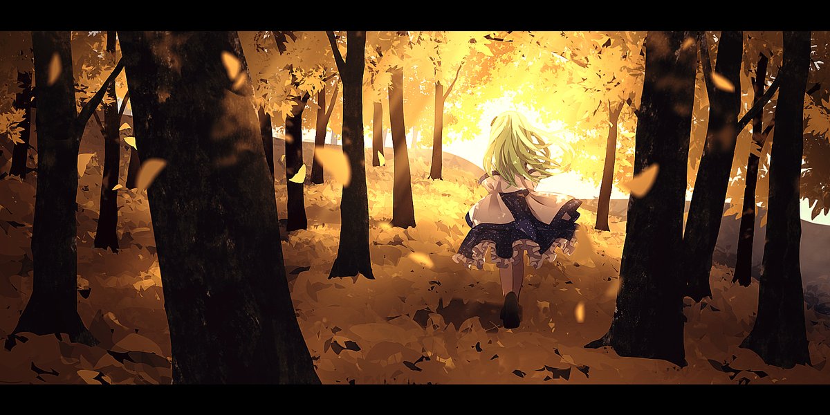 kochiya sanae 1girl solo long hair green hair skirt autumn leaves tree  illustration images