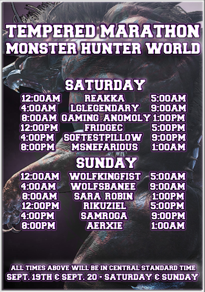 The next Marathon is coming and will be featuring some of your favorite #MonsterHunter streamers! Get ready for the carts and rage! Rolling on the floor laughing 
<a href="/Reeakka/">Reakka 🦖🔥</a> <a href="/Gaming_anomoly/">Anomoly</a> @Fridgec1 <a href="/SoftestPillowTV/">SoftestPillow</a> <a href="/_MsNefarious/">Nefarious</a> @WolfKingFist <a href="/Wolfsbanee_/">Wolfsbanee</a> <a href="/RikuzielPlays/">Rikuziel</a> <a href="/Aerxie/">Accents</a>