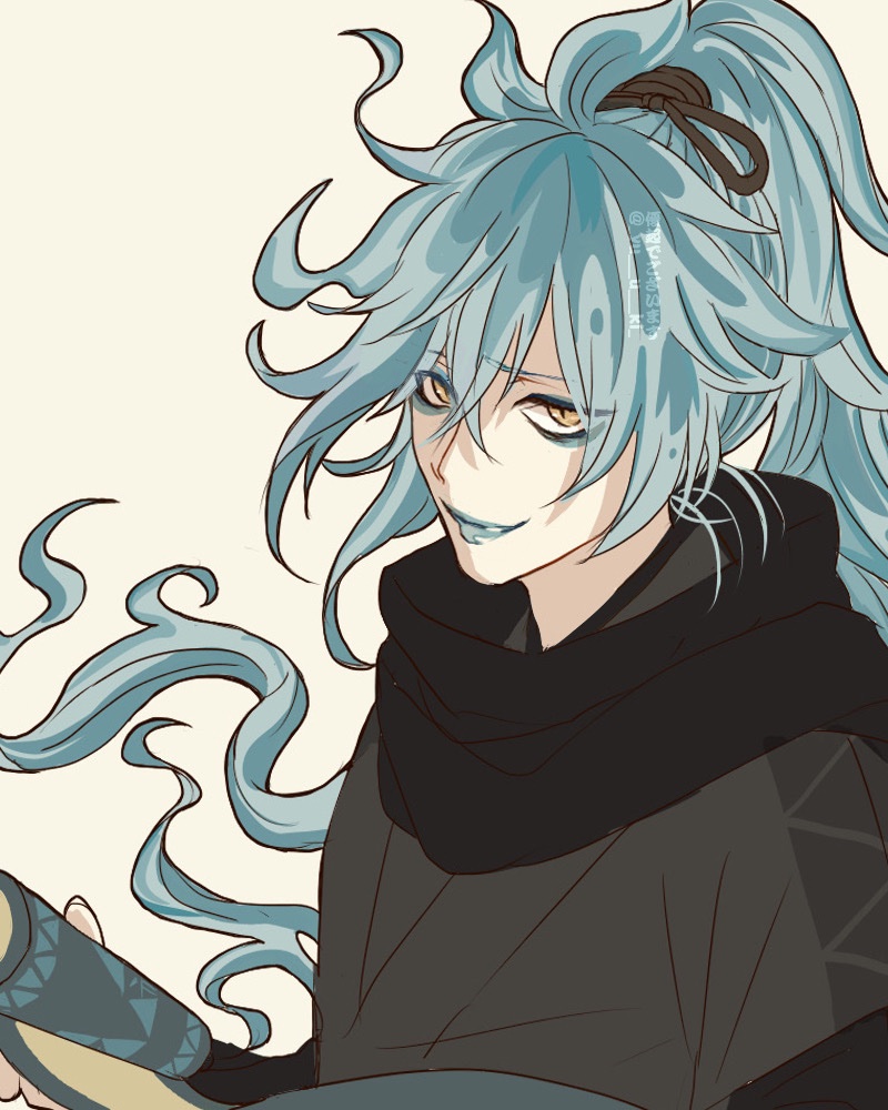 1boy male focus long hair solo yellow eyes blue hair looking at viewer  illustration images