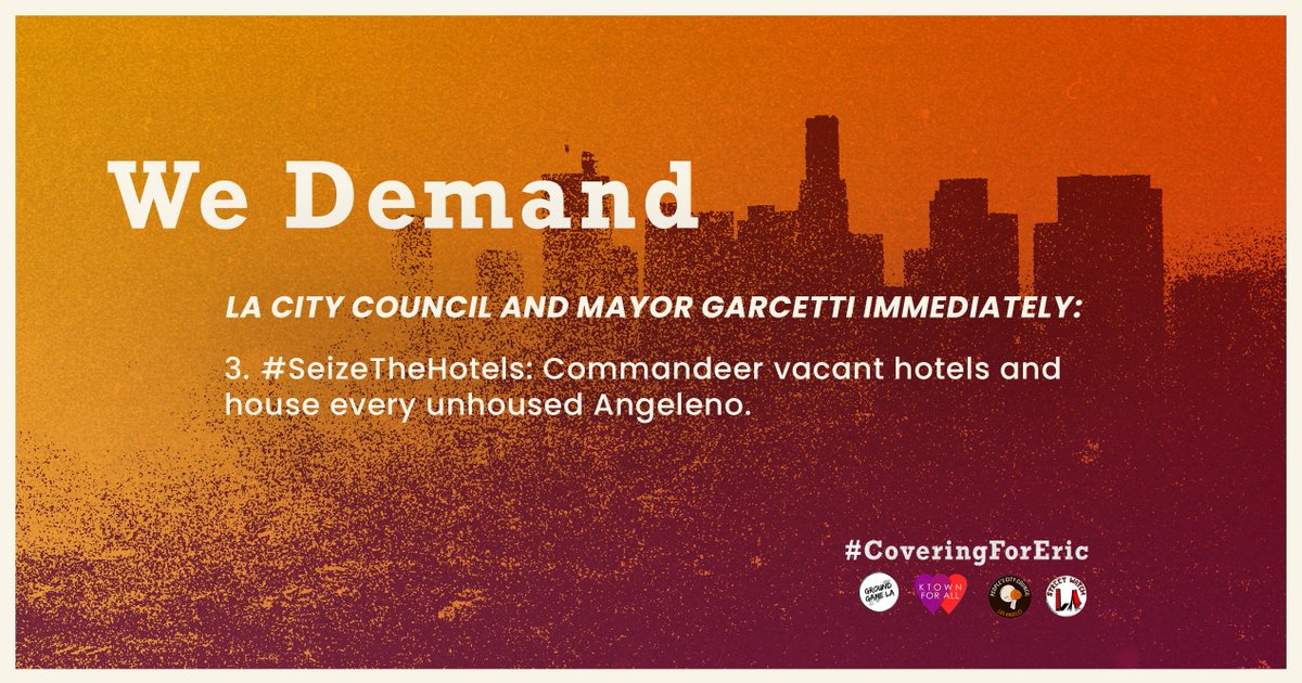 We have asked  @MayorOfLA from the very beginning of COVID-19 to open up vacant hotels and house everyone immediately. We're now facing compounding crises and still, Garcetti refuses to do what is fully within his authority to save lives.  #SeizeTheHotels  #CoveringForEric