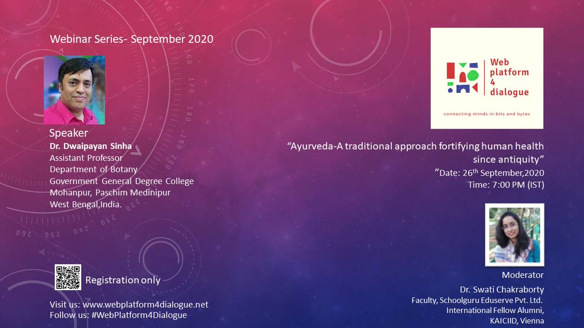 Here is the registration form

forms.gle/LRA22vYX8oRuHJ…

Ayurveda-A traditional approach fortifying human health since antiquity”

Date: 26th September,2020
Time: 7:00 PM (IST)

By

Dr. Dwaipayan Sinha
Assistant Professor
Dept. of Botany
Government General Degree College
WB