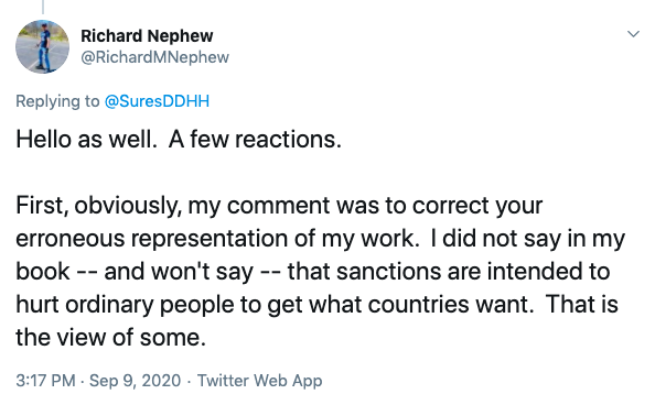Nephew claimed he never wrote that sanctions are designed to hurt ordinary people.Yet here he describes sanctions against Iran that he personally designed and which wrecked the country's economy & currency, caused mass unemployment and inflation, as a "tremendous success"