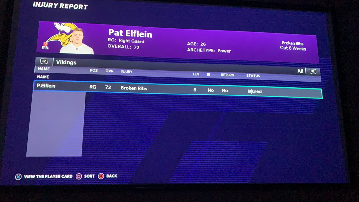 GmlRain's tweet photo. Breaking Injury News: Pat Elflein’s X-rays come back confirming the ribs are broken. Expected to be out 6 weeks. Vikes will be looking to FA but also perhaps could look to trade to bring in help per source close to the team. https://t.co/ztLp1DgTth