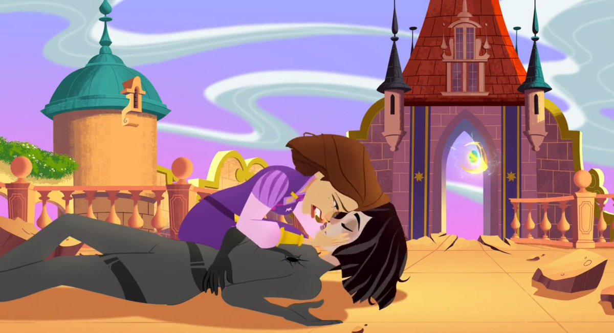 (This scene is a reversal of the original Tangled movie - Rapunzel's tear landing on Cassandra doesn't bring her back to life, so instead she fights and risks her own life to be able to use the healing spell.)