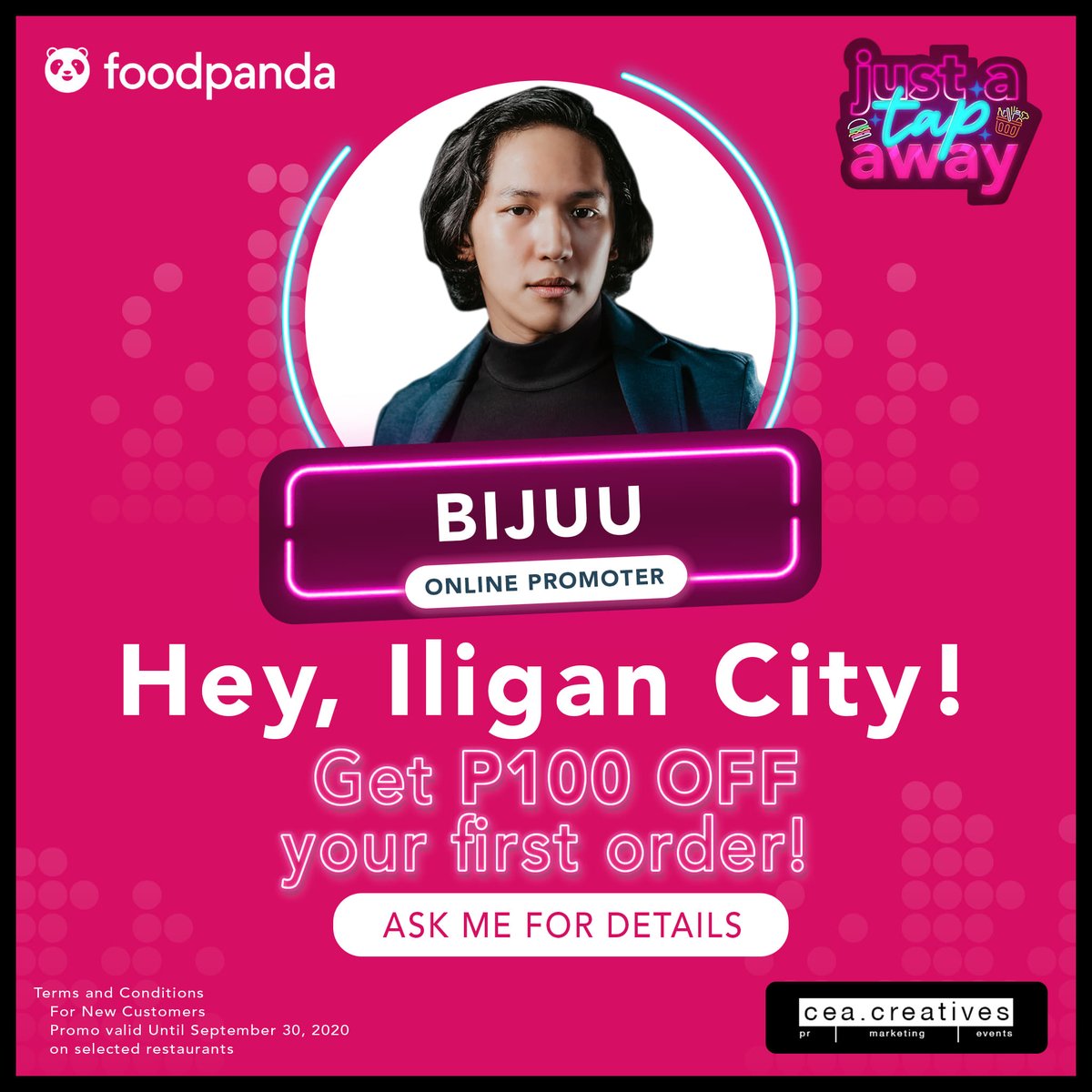 Hey, Iligan City! 

To eat is a necessity, but to eat intelligently is an art. 

Message me for your 100Php discount voucher on your first Food Panda App purchase! 

Stay Safe at home and let us deliver #foodyoulove right in front of your doorsteps! 

Keep Safe, Pandas! ❤️
