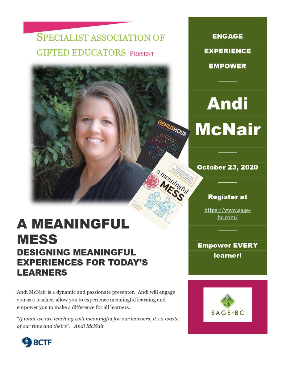 SAGEBC1's tweet photo. Join us for our online conference October 23, featuring Andi McNair, author of Genius Hour. Registration info coming soon! Not to be missed! #bctf #bced #gifted https://t.co/oPZorYlnfq