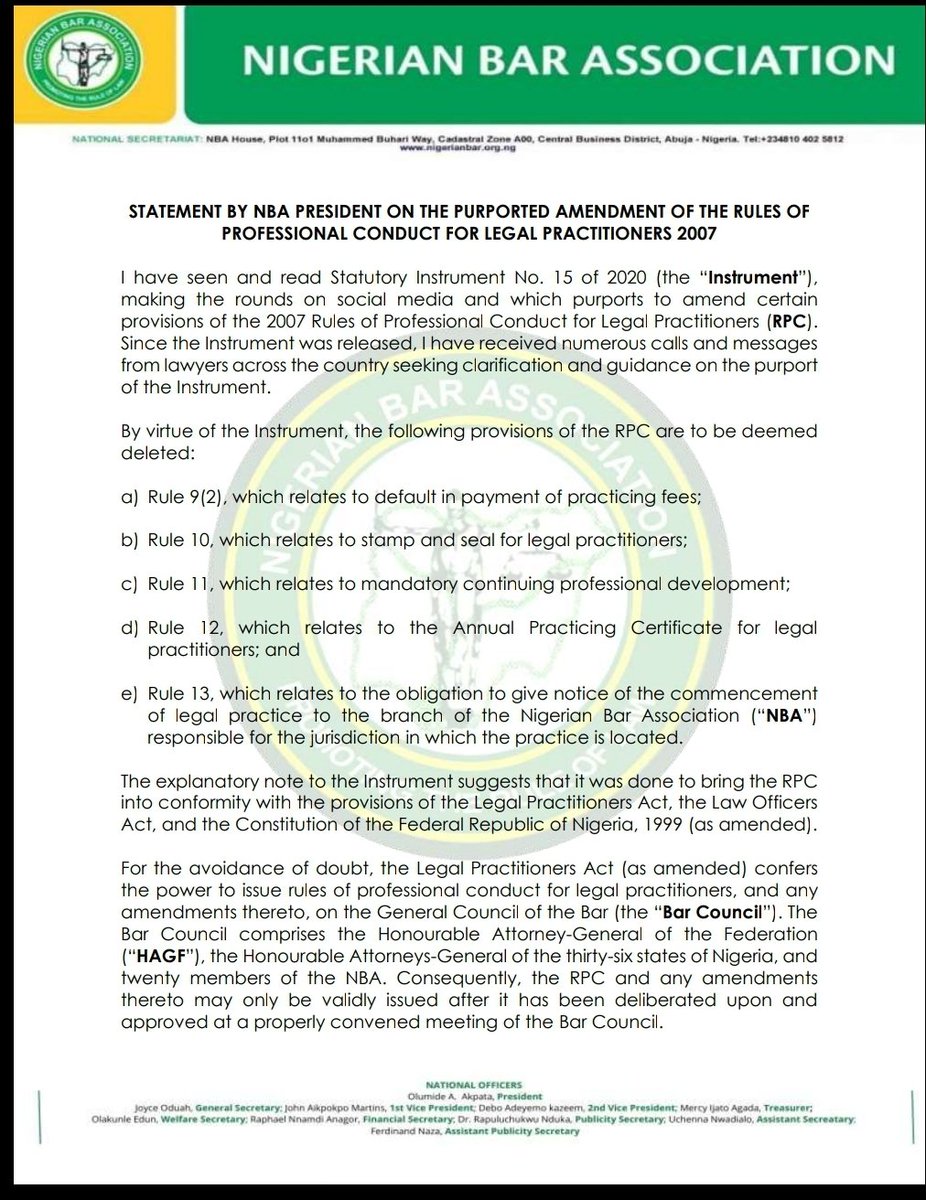 OlumideAkpata's tweet photo. I have seen and read Statutory Instrument No 15 of 2020 making the rounds on social media and which purports to amend the RPC. I am engaging with the Honourable Attorney General of the Federation on this issue and will provide further updates on our next steps in the coming days. https://t.co/KB1dnVAyLn
