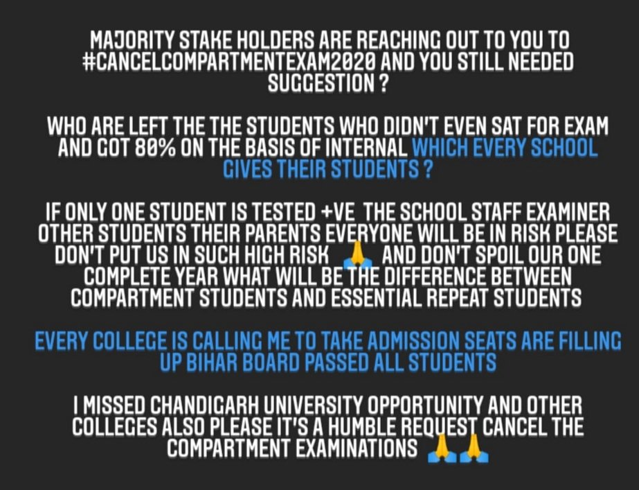 Dear , @cbseindia29 Situation of Every Compartment Student Kindly Read #cancelcompartmentexam2020 #COVID19India #CoronavirusIndia #CBSE We are not Afraid of exam Just Give us assurity that we will not get Covid and all Colleges will wait for us 🙏🏻 @Sandeep_Saurav_