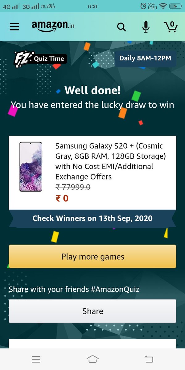 Deepak75932978's tweet photo. I win this mobile only one mobile winning #AmazonQuiz
#QuizTimeMorningsWithAmazon https://t.co/OOI7jzgOXC
