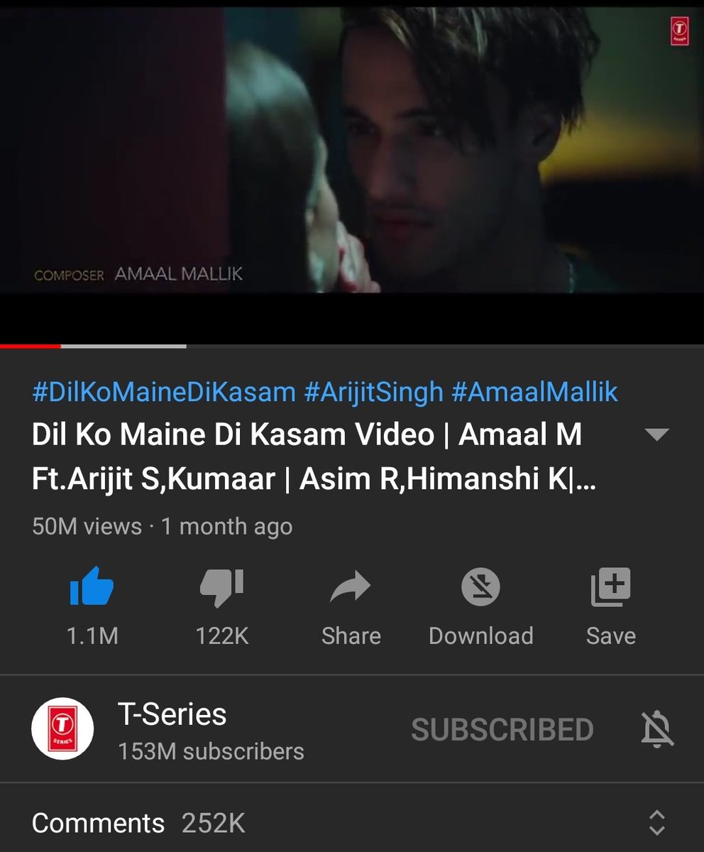 IamAsimRiaz1's tweet photo. #DilKoMaineDiKasam has completed 50m views on YouTube with 1.1m likes &amp; 252k comments

Congrats to the team 🙌❤️

@imrealasim @AmaalMallik #arijitsingh @realhimanshi @TSeries @itsBhushanKumar @arvindrkhaira
#AsimRiaz #AsimSquad https://t.co/wEIKhR67xG