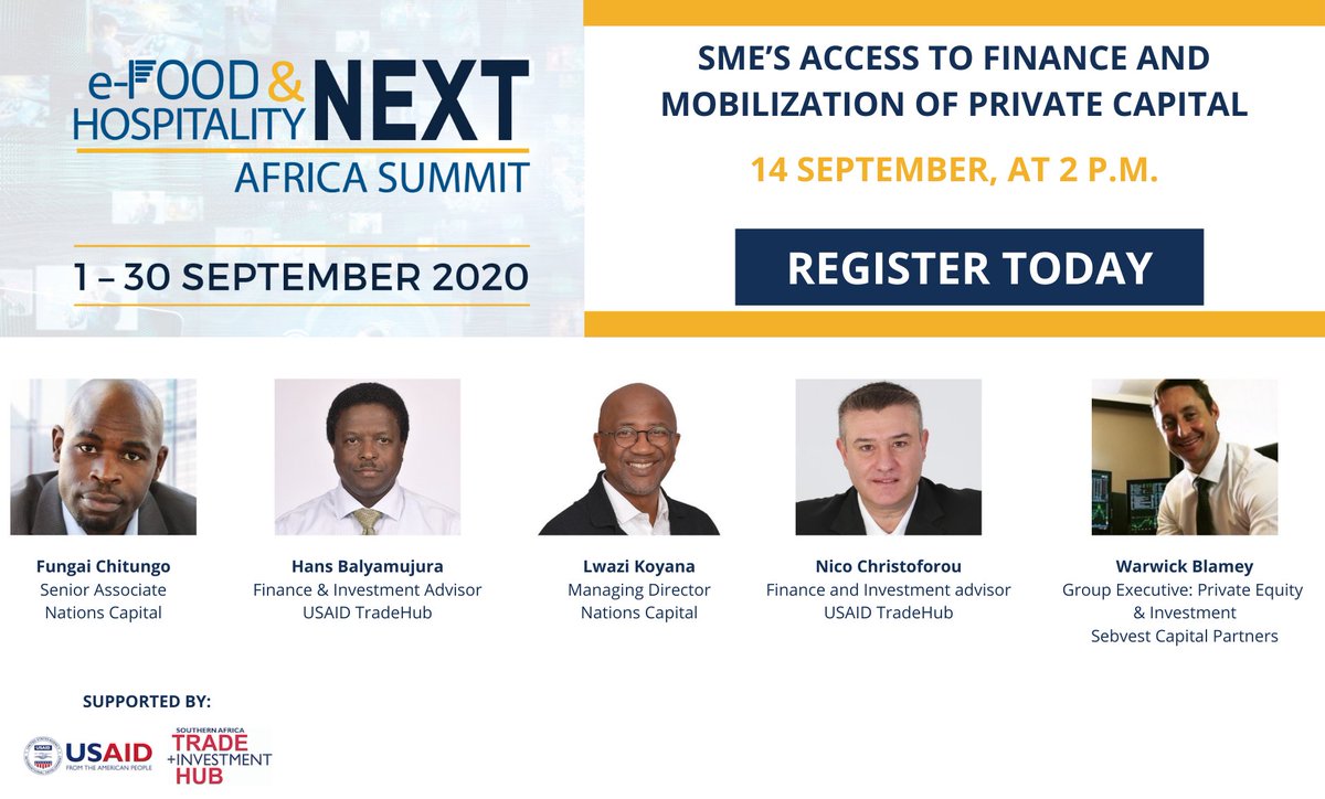 FoodnextA's tweet photo. Topic: SME’S ACCESS TO FINANCE AND MOBILIZATION OF PRIVATE CAPITAL
14 September, at 2 p.m.
Supported by: @USAID Southern Africa Trade and Investment Hub (USAID TradeHub)  

Register now: https://t.co/uUxoxmuDDX
#foodhospitalitynext #finance #exporters #capital #unitedstates https://t.co/RjoyGEzXij