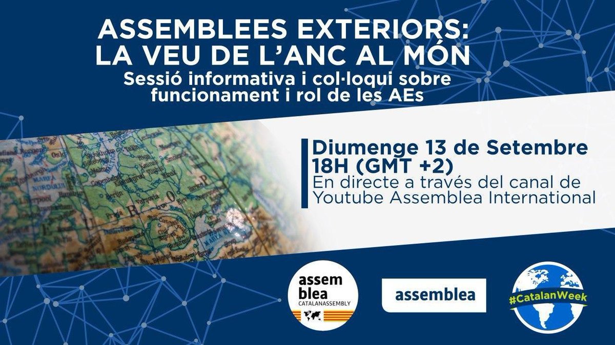 ANCCorbera's tweet image. ◼️◻️ Avui acte de cloenda de la #CatalanWeek. 
Col·loqui entre coordinadors de diverses Assemblees Exteriors
@assemblea_int @ANC_NL @ANC_FRANCE @ANCEngland @AncPortugal @anc_de @ancSuisse @ANCEuskalHerria @AncMadrid @AncBru
En directe al YouTube de l'@assemblea_int 
🕗18H (GMT+2)
