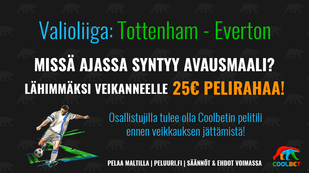 Coolbet_'s tweet photo. COOLBET-SKABA!

Veikkaa Tottenham-Everton-ottelun avausmaalin syntyaika ja voita 25 € pelirahaa!

Ehdot: RT + Seuraa

PS. Käynnissä on myös kampanja, josta voit voittaa lempijoukkueesi pelipaidan (osallistumisaikaa klo 16 saakka) --> https://t.co/Svk9gk6040 #Valioliiga #Betsit https://t.co/MhcNeC0YFP