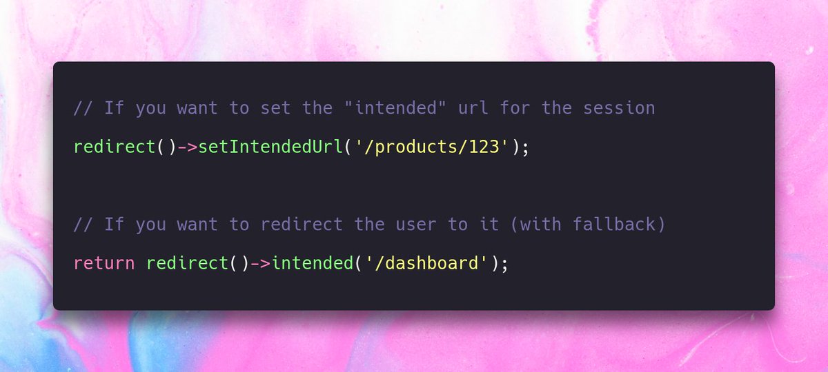 jessarchercodes's tweet image. Laravel will automatically redirect unauthenticated users to the URL they were intending to access, after they've logged in.
But did you know you can manually set this URL and redirect to it as well.