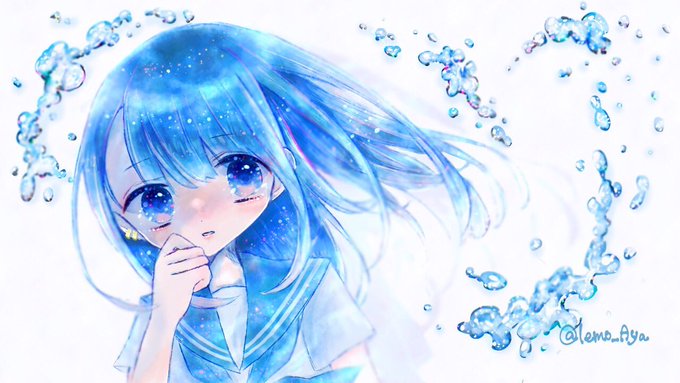 「blue hair water drop」 illustration images(Oldest)