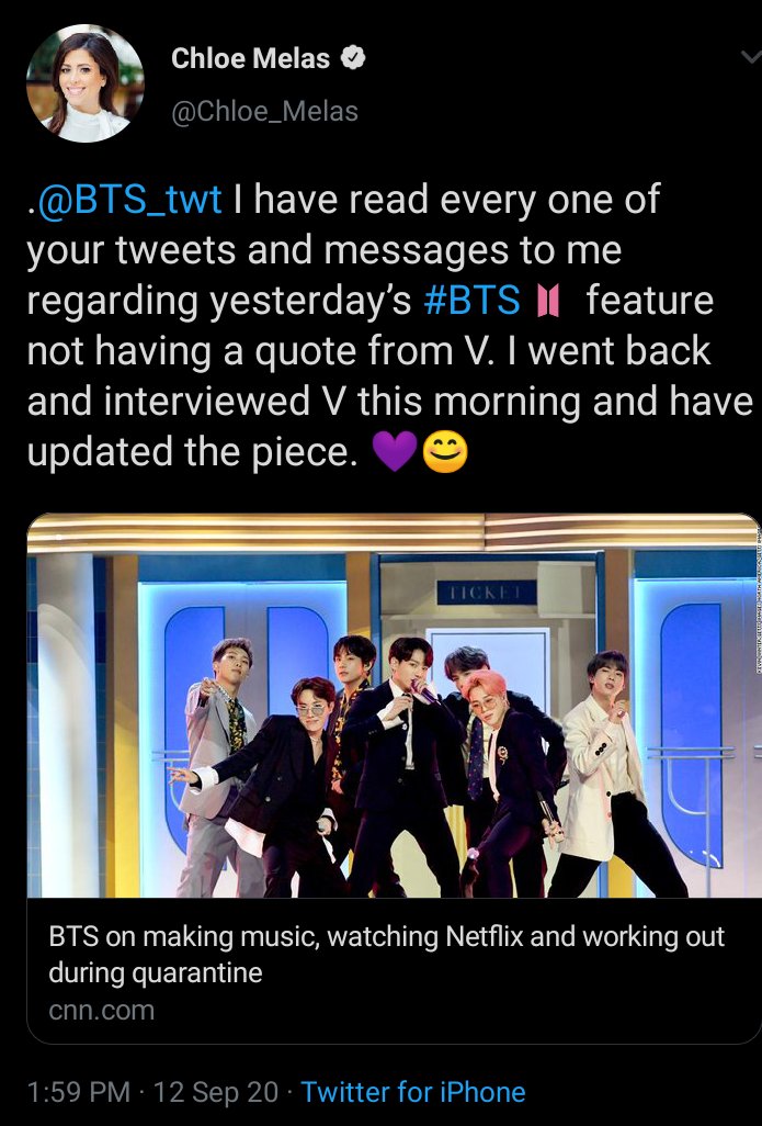 On the 12th of September, 1:59PM WAT. Chloe Melas rectified her article; claiming that she "went back and interviewed V this"