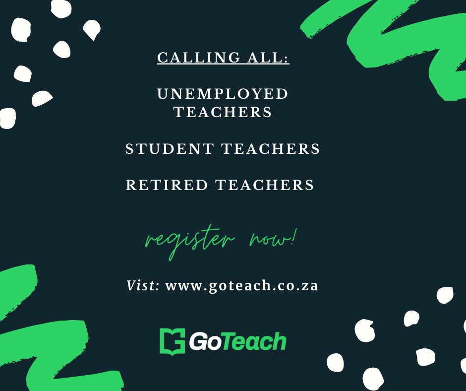 GoTeach2's tweet image. If you know an unemployed teacher, student teacher or retired teacher, please ask them to sign up on goteach.co.za

Our aim is to assist in finding employment opportunities for teachers. #ZAedu