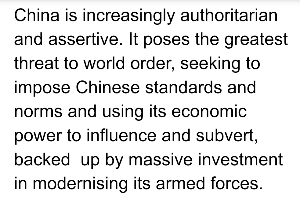 On Friday a few of us heard a briefing from chief of defence intel. Lots on conventional & "greyzone" threats. But what stood out was language on China—strongest ever for a UK official? "China is increasingly authoritarian & asertive. It poses the greatest threat to world order"