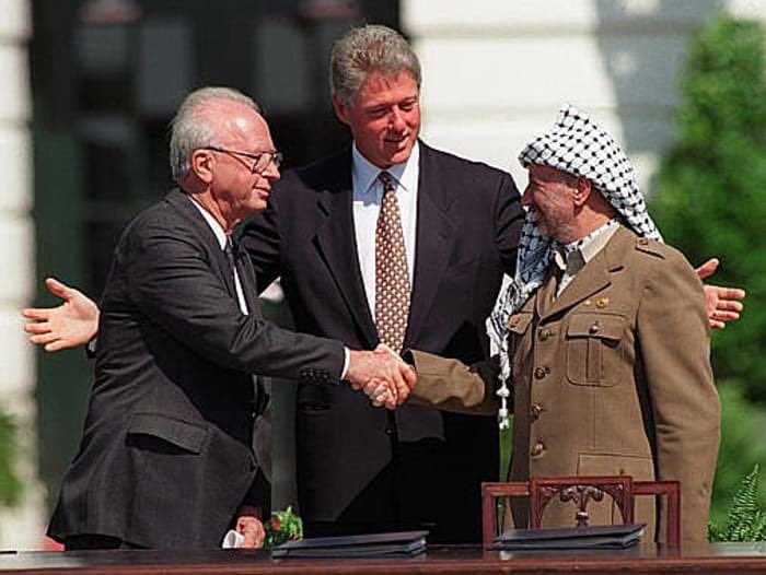 In return, and after decades of denial, the PLO recognized Israel’s right to exist. Yasser Arafat, PLO’s chairman, agreed to amend the organization’s charter that explicitly called for Israel’s destruction. The problem with Arafat was that he was literally using doublespeak >>