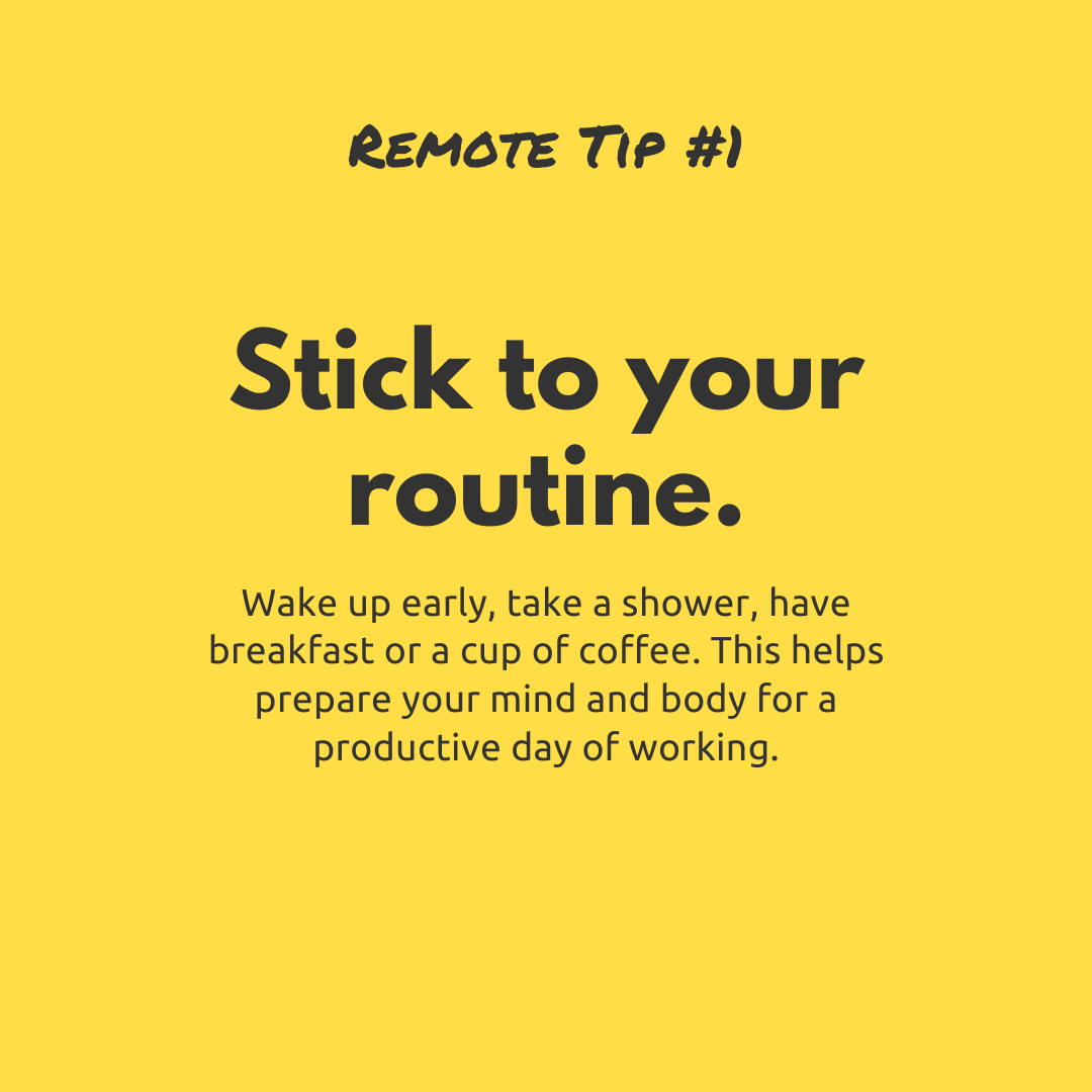 remote_za's tweet photo. #remotework tip No.1 : Stick to your routine.

What's your morning routine?

#getremote #jobseekers #stayhome https://t.co/Sy49LH1Jz0