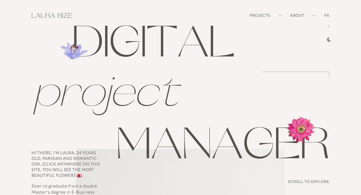 Laura Bize | Folio (France) wins today's #SOTD A Digital Project Manager portfolio site, where she shares some of her experience in a web agency! A creative and floral experience bit.ly/laura-bize-fol… #Portfolio #Illustration