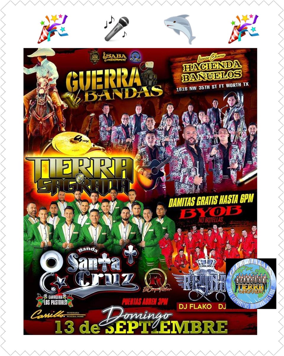 clubTS3's tweet photo. 🎉  HOY  🎉
#DELOBUENOLOMEJOR
Se Presenta @tierrasagrada1
En Lienzo Charro De Hacienda Bañuelos 
13/09/20 
#Fort,Worth #TX
#USA 🇲🇽🇺🇸 
NO FALTES 
Siguiendo Las Indicaciones 😷
#AJENO 🎵
@cesarnavarroa
@jhobannyFlresOf 
@JuanpaTSOficial 
@elpollots1 
@clubTS3 https://t.co/OtxraxUqsJ