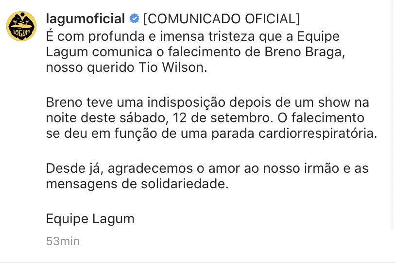tracklist's tweet photo. Notícia triste na indústria nacional:

Recemos a notícia do falecimento do Tio Wilson, baterista do grupo Lagum. Desejamos muita força aos familiares, amigos e fãs. 

😢🙏🏼 https://t.co/OrikUOYTfy