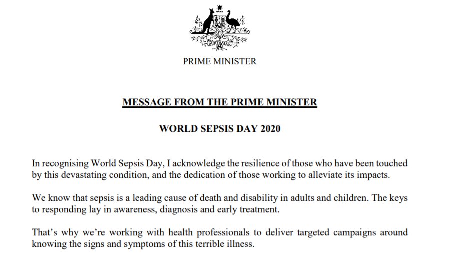 Today is #WorldSepsisDay

Great to see <a href="/ScottMorrisonMP/">Not ScoMo</a> recognise the resilience of those who have been touched by this devastating condition, and the dedication of those working to alleviate its impacts.

Read his full message: bit.ly/32divZ6