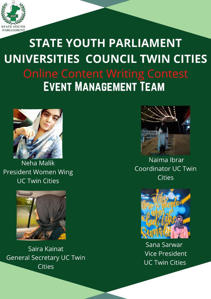 SM_Rwp_Isb_SYP's tweet photo. EVENT MANAGEMENT TEAM of Online Content Writing Contest✨
@Neha91635748 https://t.co/ZcdXqVAXzP