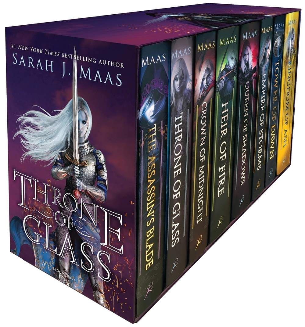 Throne of glass series
Author: Sarah J. Maas

Throne of Glass is a young adult high fantasy novel series by American author Sarah J. Maas.

Genre: Fantasy
Publisher: Bloomsbury Publishing
Country: United States

Price:3000 Full series.

#bestseller #bestsellers #bestsellernovel