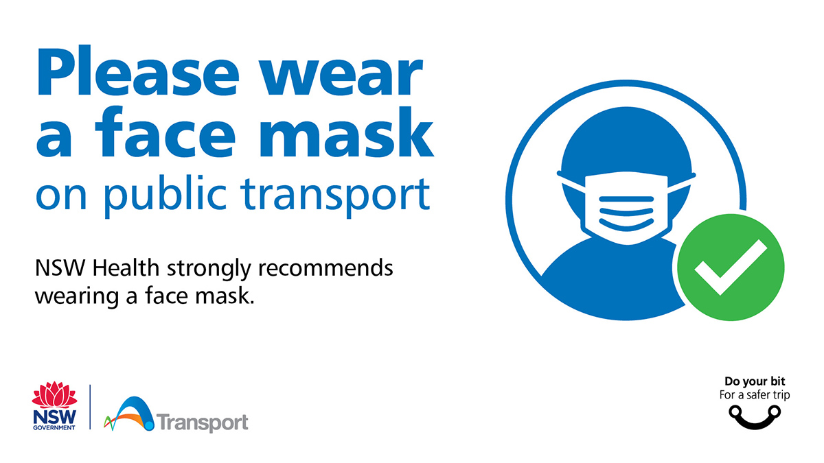 TrainsInfo's tweet photo. ℹ In line with @NSWHealth advice, wearing a face mask while using public transport is strongly recommended. 

More info: https://t.co/yJaeGcVPAQ

#WearAMask #MaskUpThumbsUp 😷👍 https://t.co/6EDGbyt5yG
