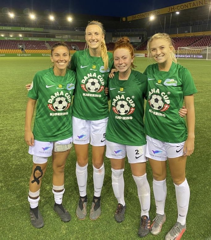 uppervathletes's tweet photo. 💪⚽️🇩🇰😀 All smiles after today’s big win in Denmark! These 4 Upper V Athletes helped their club @FortunaHjorring secure an important 4-1 victory over league rival @FCNordsjaelland. Well done @trickyvicky64, @EmilyGarnier24, @bren__och, and @machaelageorge! #uppervathletes https://t.co/74fbxaS9w0
