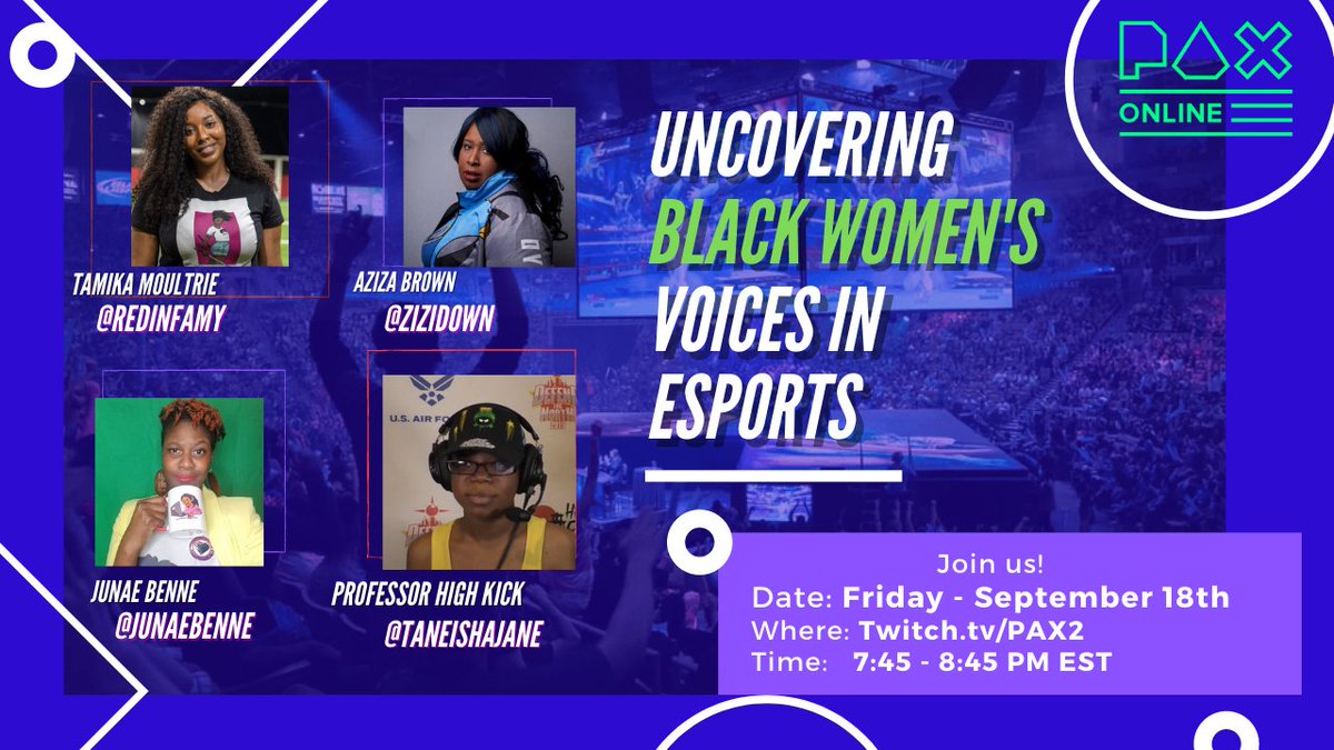 Finally accomplished my first ever <a href="/pax/">PAX</a> panel with these awesome ladies
 
<a href="/Zizidown/">Aziza (DF NNZ) 🔜 DreamhackAtl</a>
 
<a href="/JunaeBenne/">Junae Benne - Marketing Journalist 🎮 🇯🇲</a>
 
<a href="/TaneishaJane/">Professor High Kick 🎓</a>

Check out our #PAXOnline panel - Uncovering Black Women's Voices in #Esports

Friday, September 18th  Twitch.tv/PAX2

7:45 - 8:45 PM EST 

Share