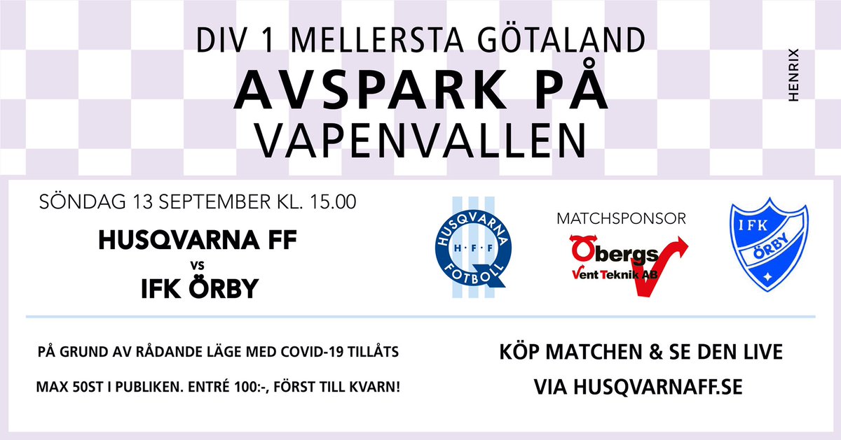 Matchdag! 
👉IFK Örby 
🏆 Div 1 mellersta Götaland.
⏱ 13/9 15.00
📍Vapenvallen 
🖥 play.staylive.se/HFFPlay/
#hfflive #husqvarnaff