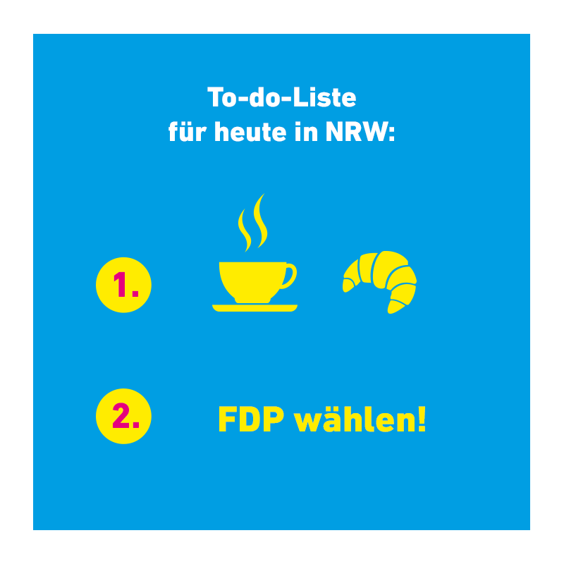 fdp's tweet photo. Heute gilt's in #NRW! 💪 Noch nicht per Briefwahl gewählt? Aufstehen, anziehen, frühstücken und dann: #Maske &amp; #Ausweis nicht vergessen und wählen gehen. 🗳️ Und nach dem Wahlgang mit einem leckeren Frühstück ☕️🥐 belohnen. Oder andersherum😉.🚀 #wählengehen #abstandhalten https://t.co/20M2cOPti7