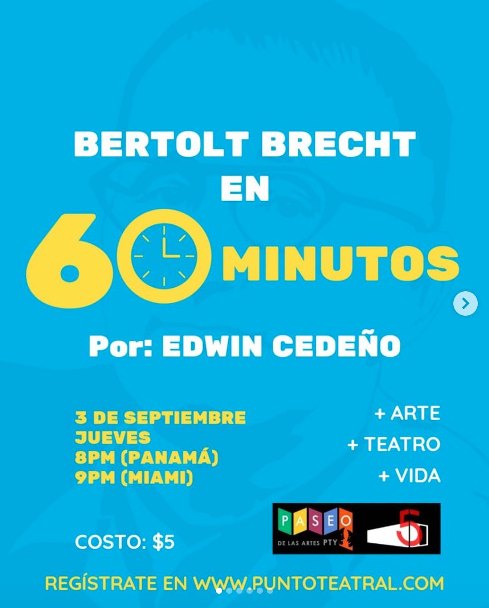 LES PRESENTAMOS NUESTRO #PASEOVIRTUAL DE SEPTIEMBRE👀💥 - 
🕙 60 MINUTOS
Edwin Cedeño nos Invita a conocer el maravilloso mundo y trabajo de Bertolt Brecht.