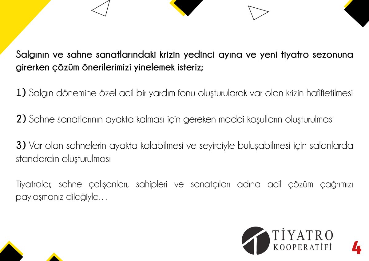 Özel tiyatrolar çöküşte! İki seçenek var: sektörün çöküşüne şahitlik etmek ya da yıllara dayalı kültürel mirasa sahip çıkmak!#tiyatromuzçöküşte #acilçözümçağrısı @TCKulturTurizm @istanbulbld @oyuncusendika @gmtiyatrokoop @tiyatro_yasasin @tiyatro_dernegi @kadikoytiyatro @Tiyapder