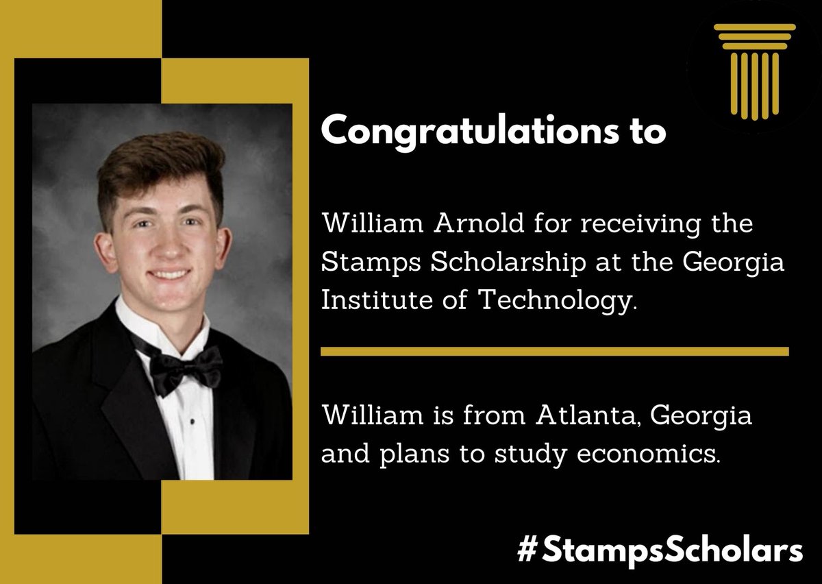 stamps_scholars's tweet photo. Congratulations to incoming @GeorgiaTech  #StampsScholar William Arnold. William is from Atlanta, Georgia and plans to study economics. https://t.co/WOWBcyizFw