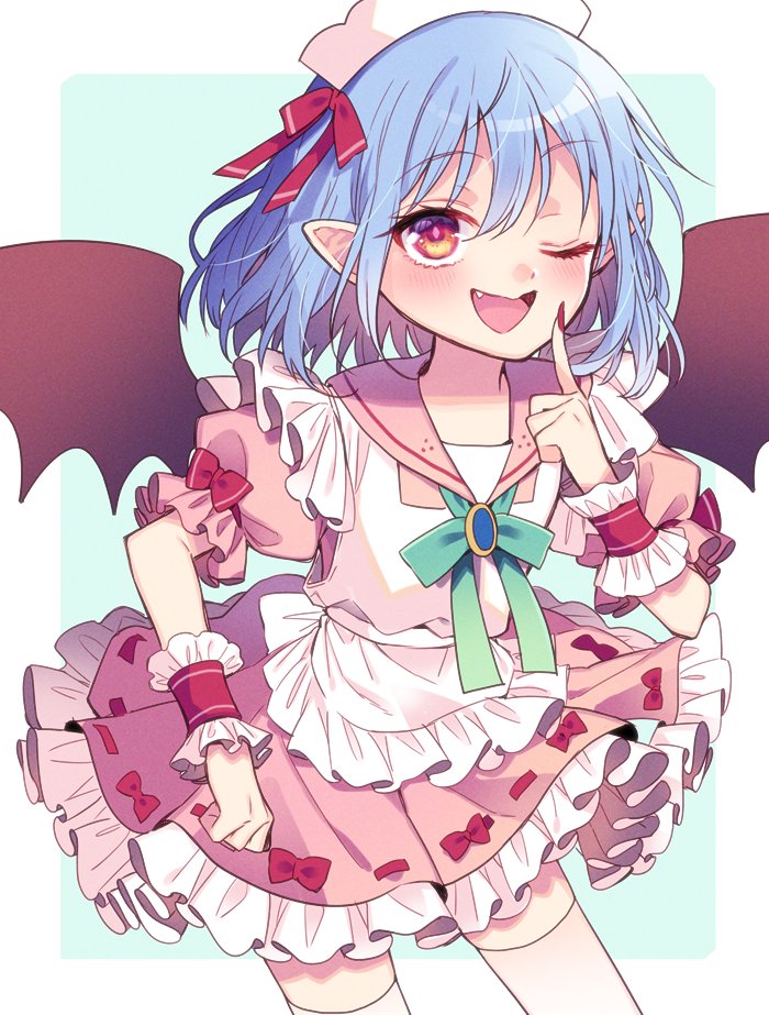 remilia scarlet 1girl solo one eye closed wings red eyes bat wings blue hair  illustration images