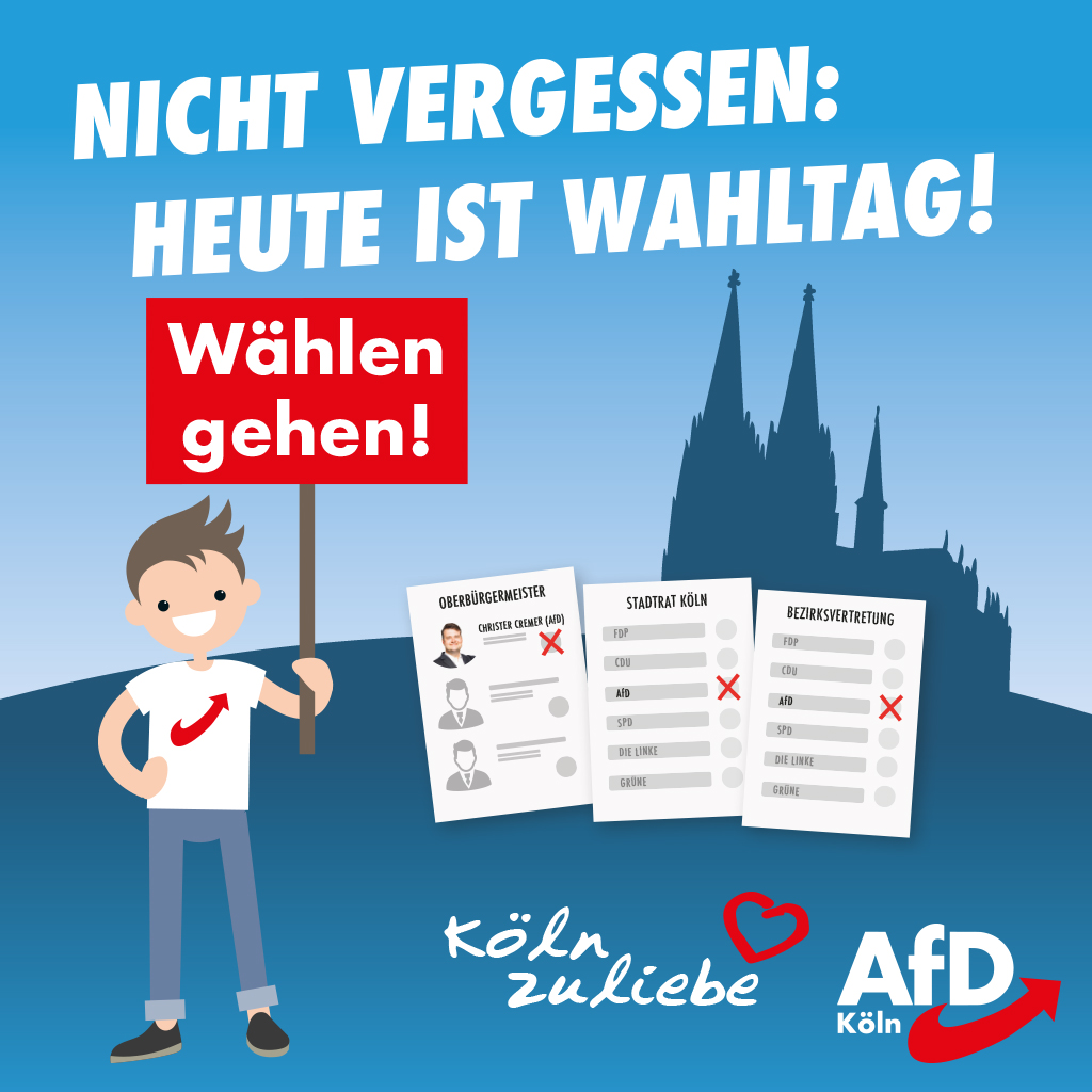 NICHT VERGESSEN😀:
HEUTE IST #WAHLTAG! 💪
Für ein sicheres und sauberes Köln: 🤟 Dreimal #AfD!
☑️Oberbürgermeister Christer Cremer
☑️Stadtrat
☑️Bezirksvertretung

#Kommunalwahlen2020 #Kommunalwahl2020 #stattReker #Kölnzuliebe