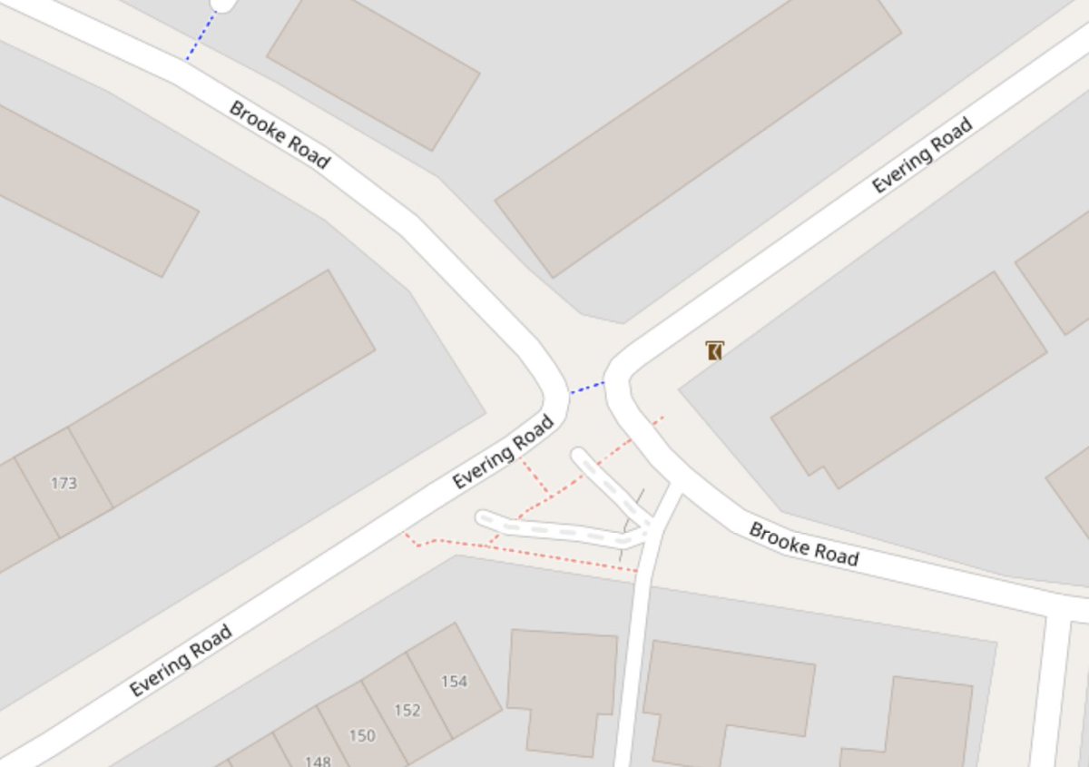 The diagonal filter where Evering Rd meets Brooke Rd is designed to close two main East-West routes in one go. Meanwhile, the bus gate on Downs Road closes off the southwest corner of the area (4/11)